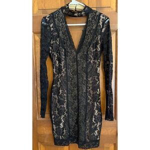 NWT Bebe  Lace Dress Womens S Black Nude-Lined Mini Date Night Clubwear